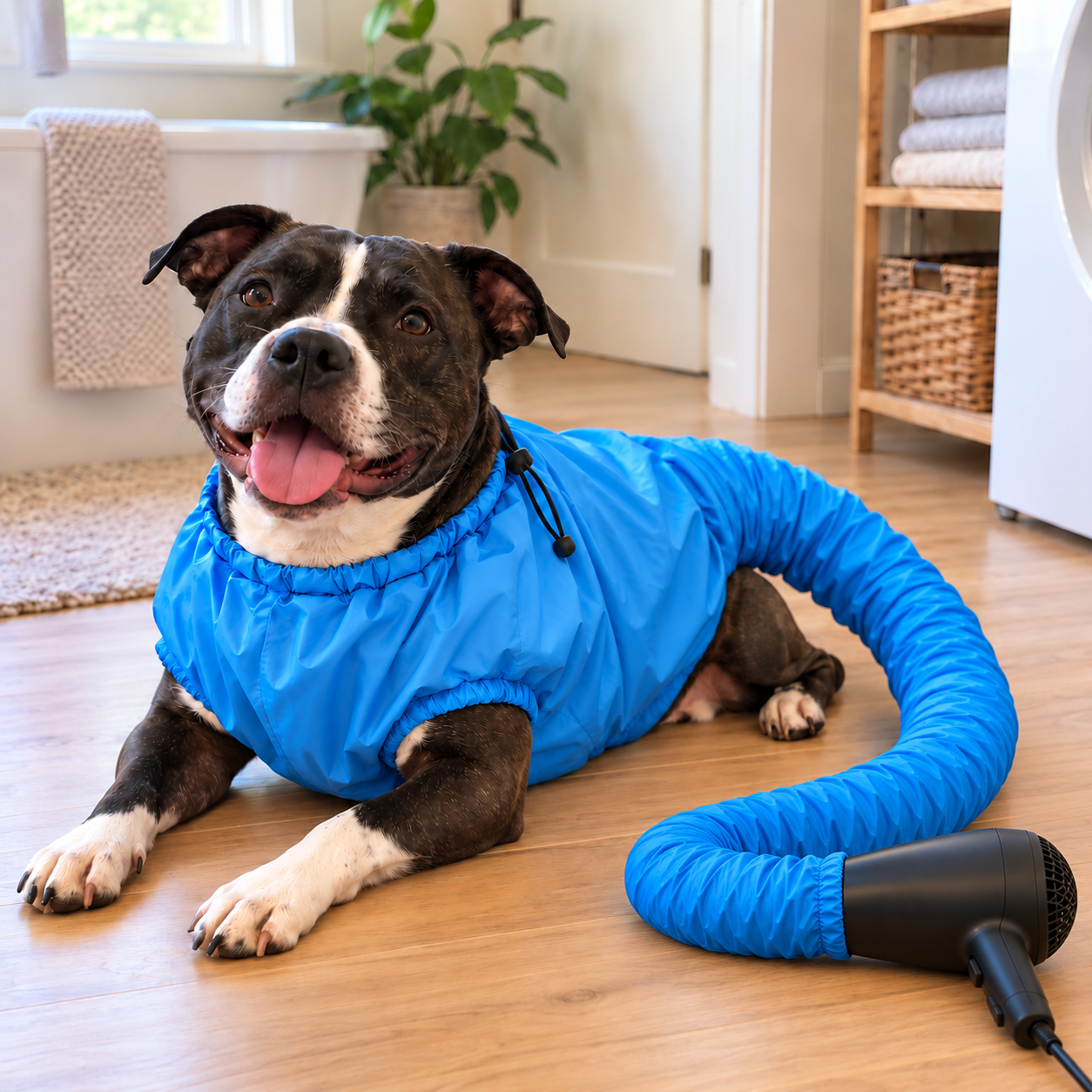 Perro acostado con el secador azul y la lengua afuera